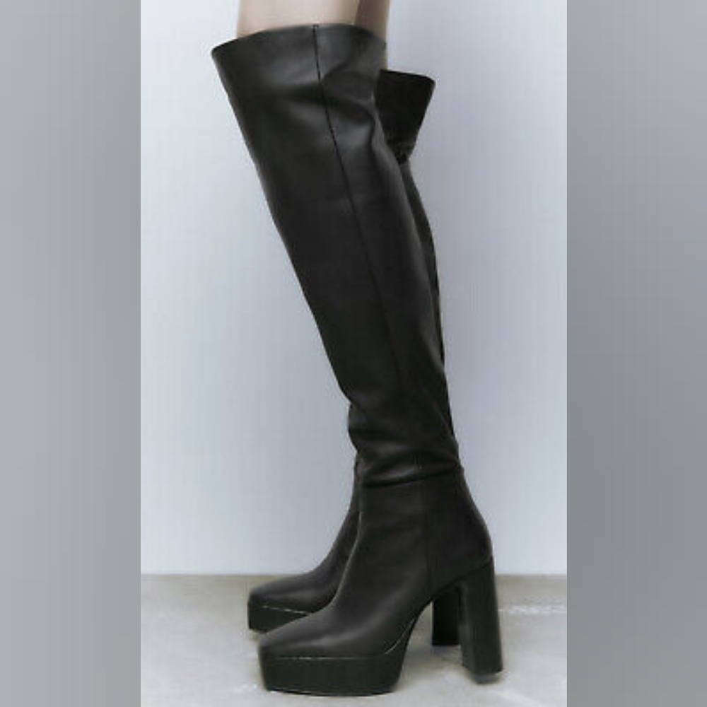 Zara Black Leather Over-the-knee Platform Boots